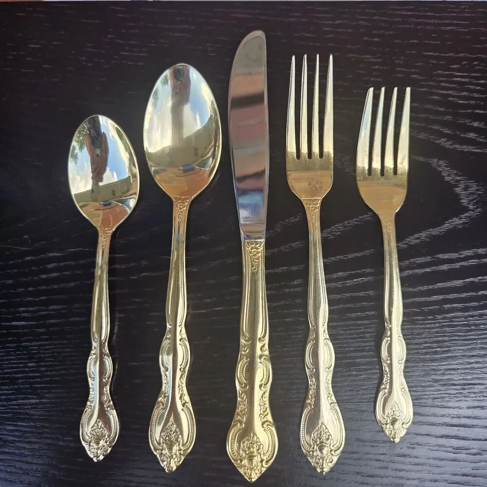 International China Gold Tone Flatware 12 Place Setting Set Chest Serving Pieces